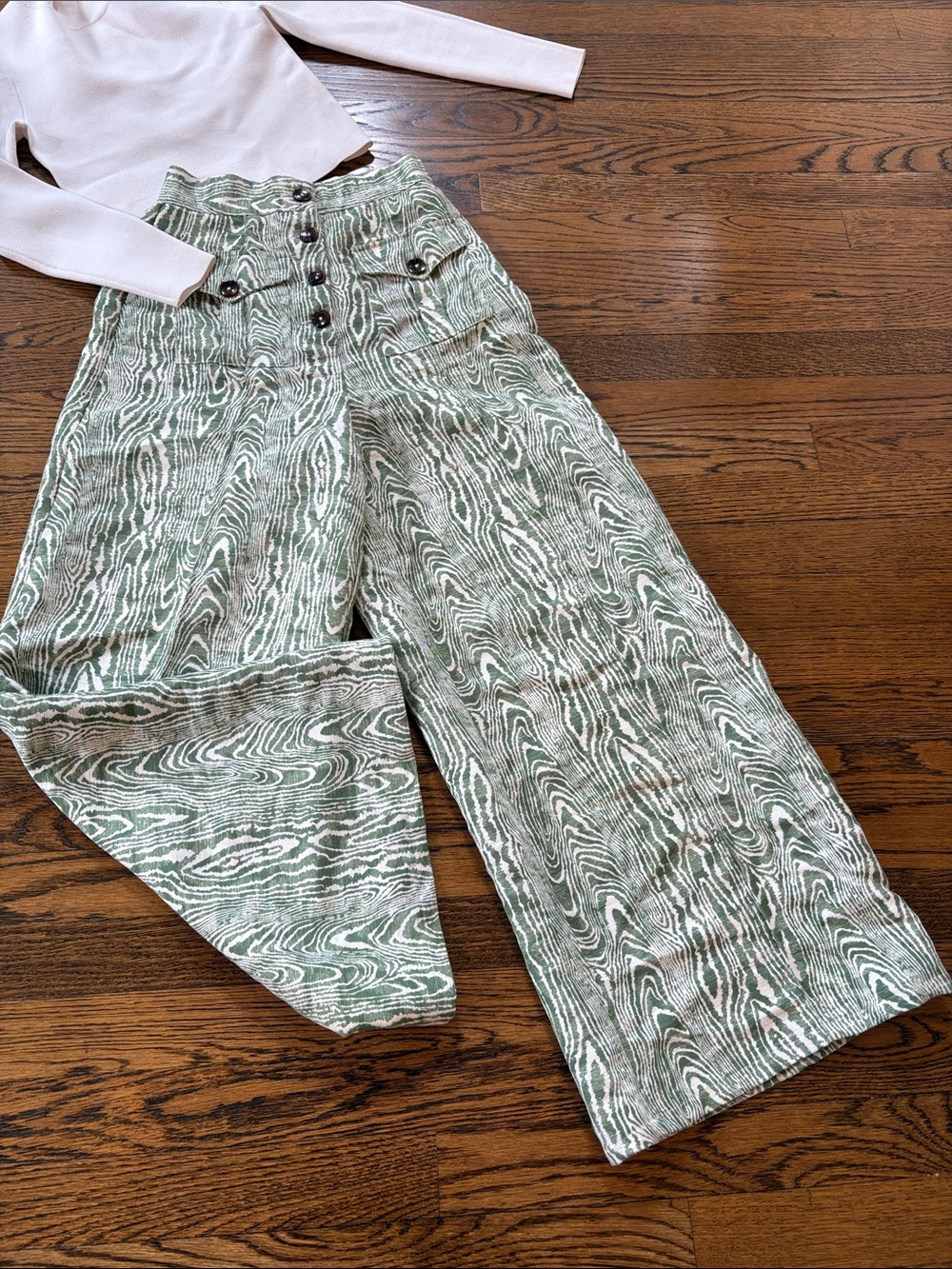 C/MEO Collective high -Waist Wide-Leg Women's Pants in Green Woodgrain Print, xS